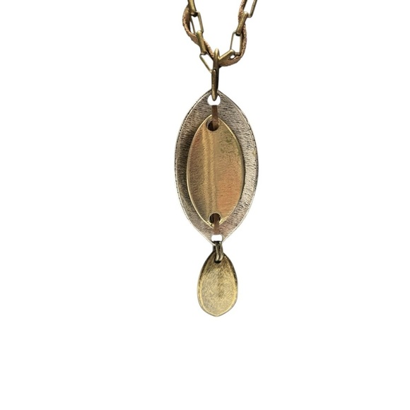 Chico’s Gold and Silver Leaf Pendant Necklace w/ leather gold chain - Picture 2 of 10